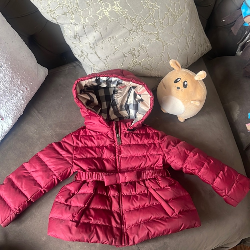 Burberry mini girls puffer jacket size 9 months adorable bow belt burgundy color